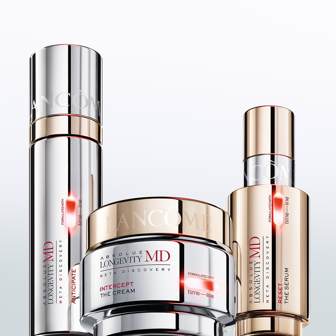 Ecco i prodotti Lancôme Absolue Longevity MD Meta Discovery: il siero Reset, la crema Intercept e il trattamento Anticipate, tutti formulati con Time-Line.
