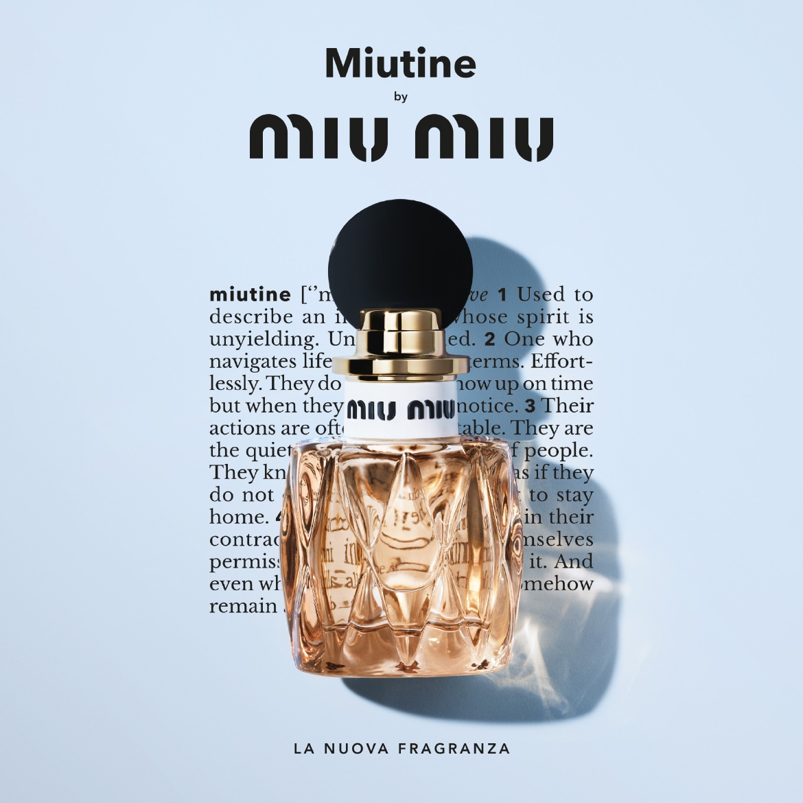 Discover Miutine by Miu Miu, la nuova fragranza, showcased in a faceted glass bottle with a black cap, embodying elegance and modernity.