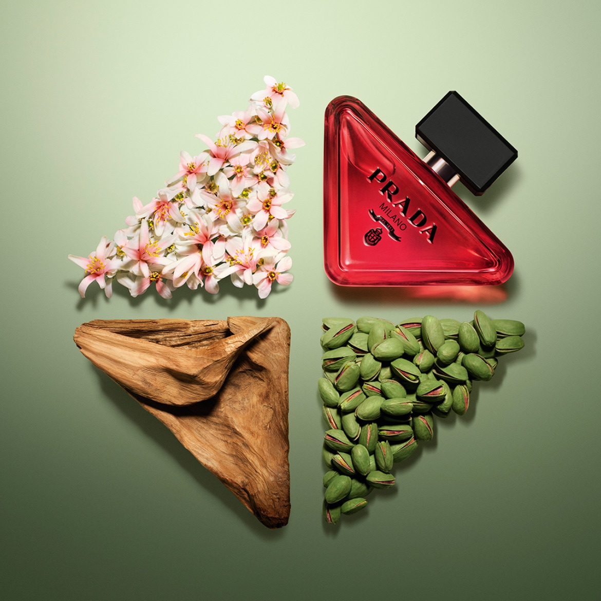 La fragranza Prada si presenta in un flacone triangolare rosso, affiancato da fiori bianchi, legno e pistacchi su sfondo verde.