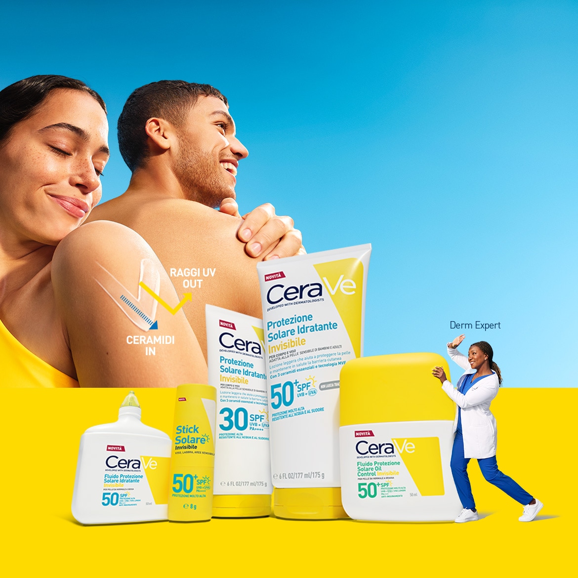 Proteggi la tua pelle con Cerave, protezione solare invisibile idratante con SPF 50, ideale per corpo e viso, adatta anche alle pelli sensibili dei bambini e degli adulti.