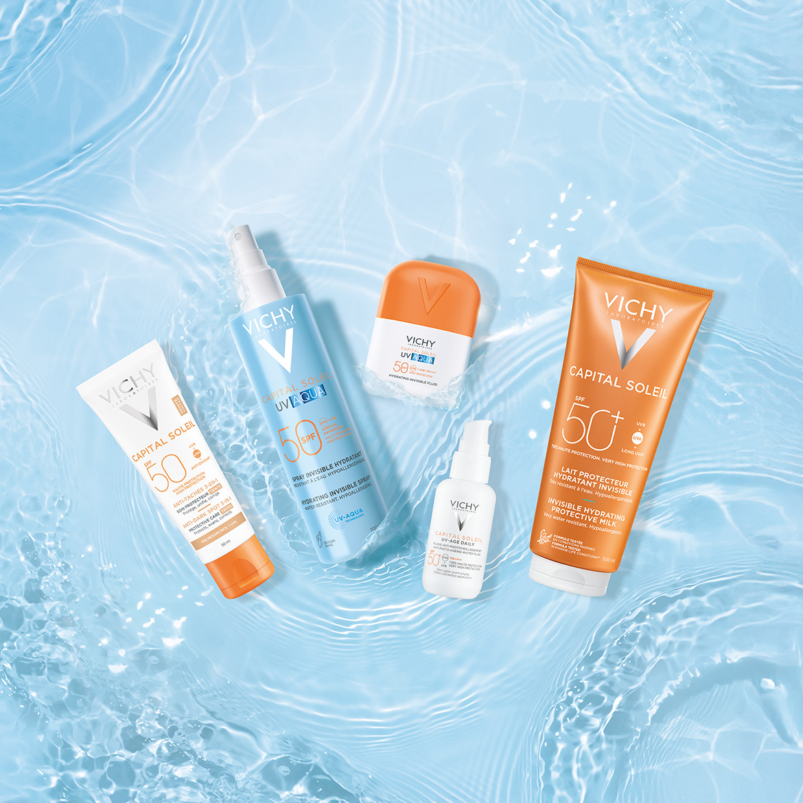 Scopri la protezione solare Vichy Capital Soleil con SPF 50, disponibile in spray invisibile idratante, latte protettivo e trattamento anti-macchie.