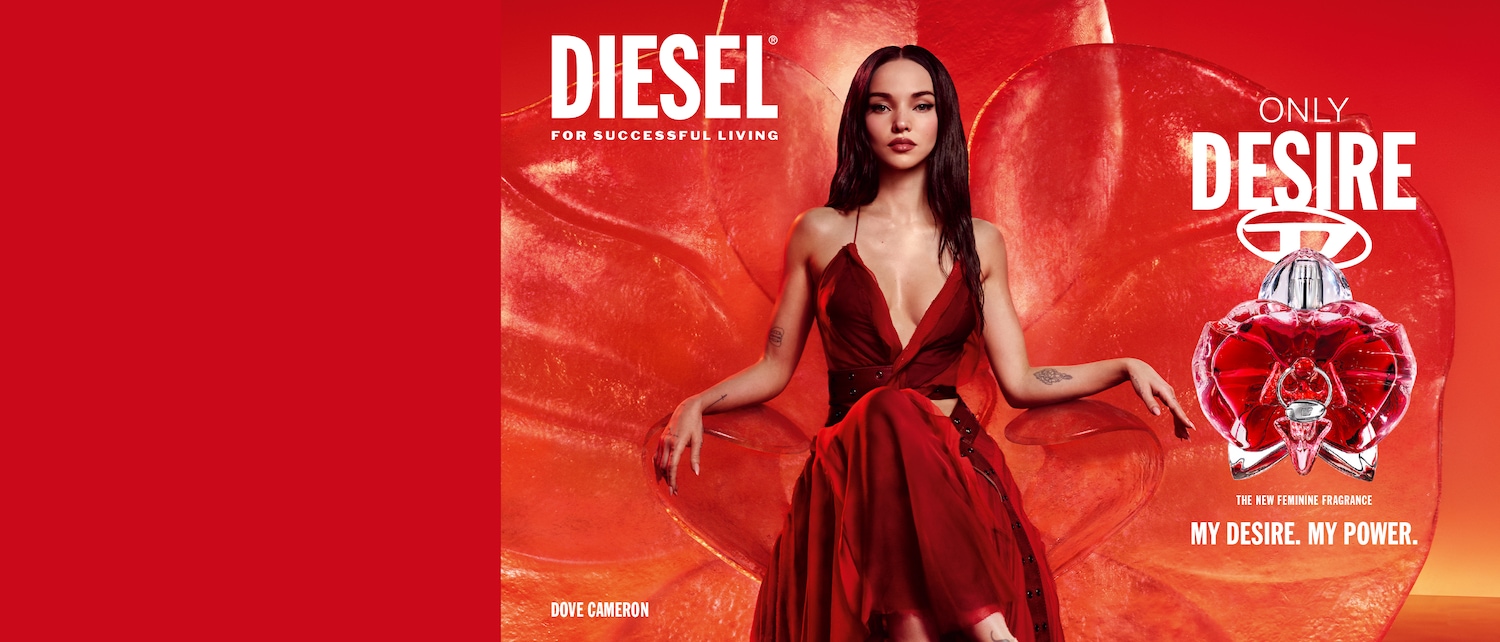 Ecco Diesel Only Desire, la nuova fragranza femminile: un'esplosione di potenza e desiderio in un flacone rosso a forma di cuore, incarnata da Dove Cameron.