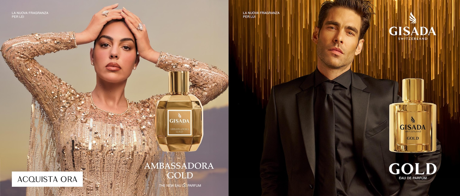 Una donna con un abito dorato scintillante posa accanto al profumo Gisada Ambassadora Gold, mentre un uomo in abito nero presenta Gisada Gold, entrambi nuovi Eau de Parfum; acquista ora.