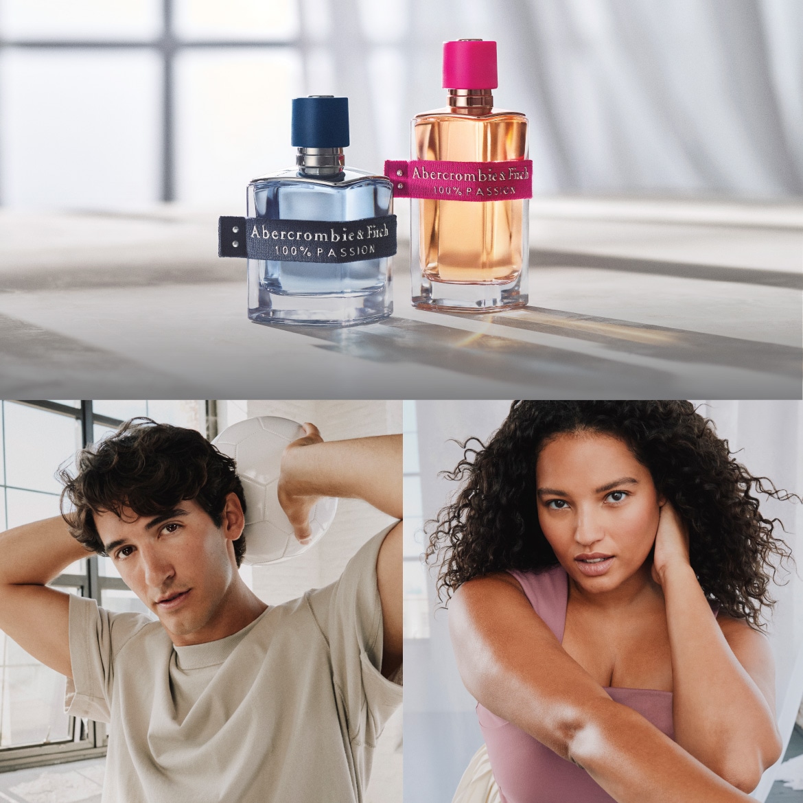 Scopri Abercrombie & Fitch 100% Passion, con flaconi squadrati in vetro trasparente, uno azzurro e l'altro ambrato, sigillati da fasce colorate.