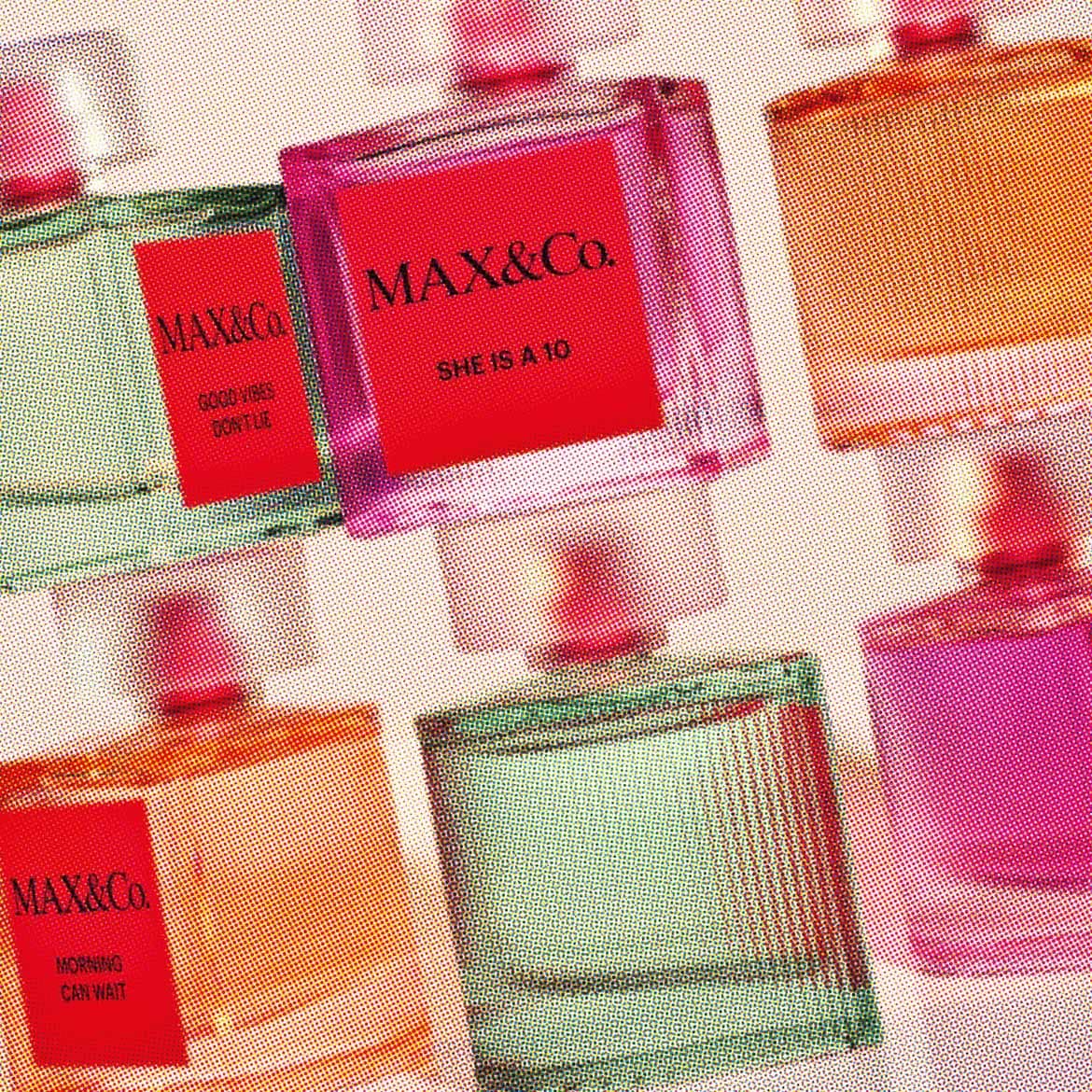 Esplora la collezione di profumi MAX&Co., ognuno con un'essenza unica: 'Morning Can Wait', 'Good Vibes Don't Lie' e 'She Is A 10', racchiusi in flaconi dai colori vivaci.
