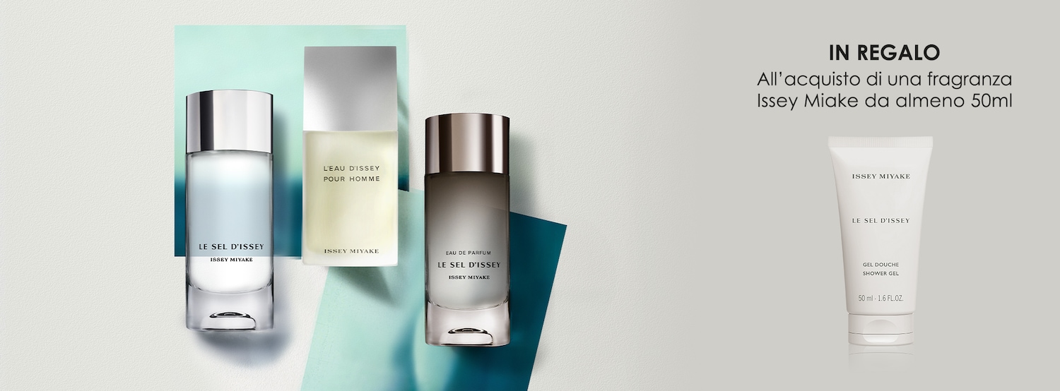 Scopri la collezione di profumi Issey Miyake: Le Sel D'Issey, L'Eau D'Issey Pour Homme e Eau de Parfum Le Sel D'Issey, presentati in flaconi di vetro minimalisti con tappi argentati.