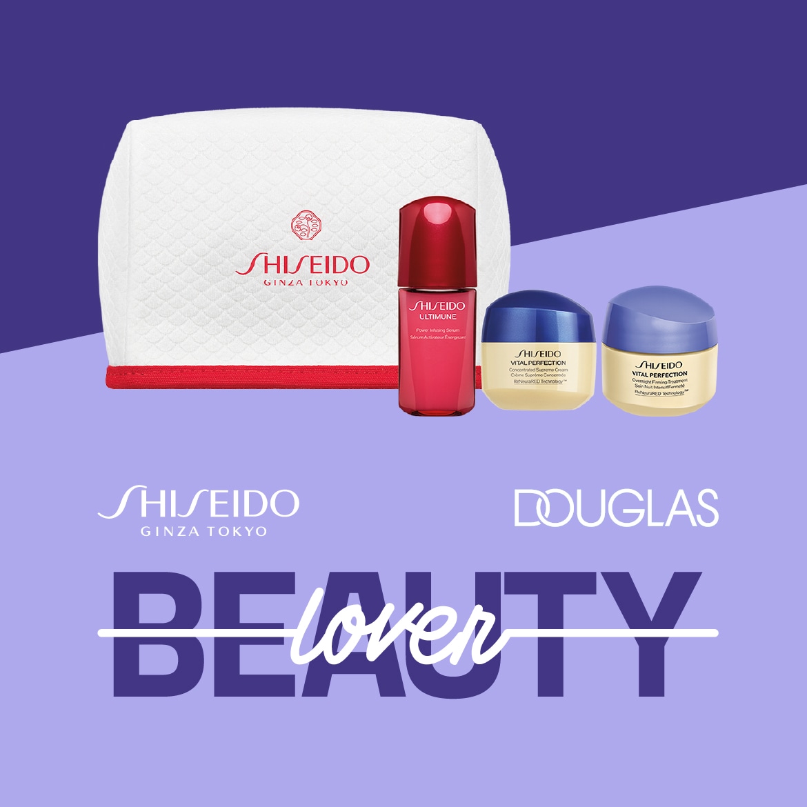 Set di prodotti Shiseido con trousse bianca bordata di rosso, siero Ultimune rosso e due creme Vital Perfection in confezioni color crema e blu.