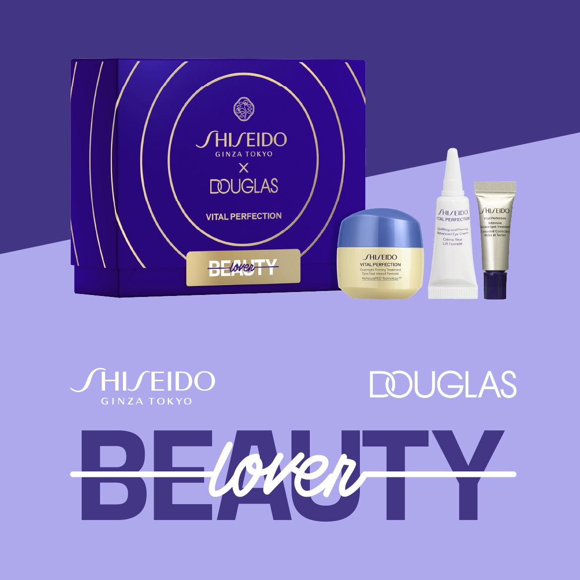 Cofanetto blu Shiseido x Douglas Vital Perfection con crema notte rassodante, crema occhi liftante e trattamento intensivo.