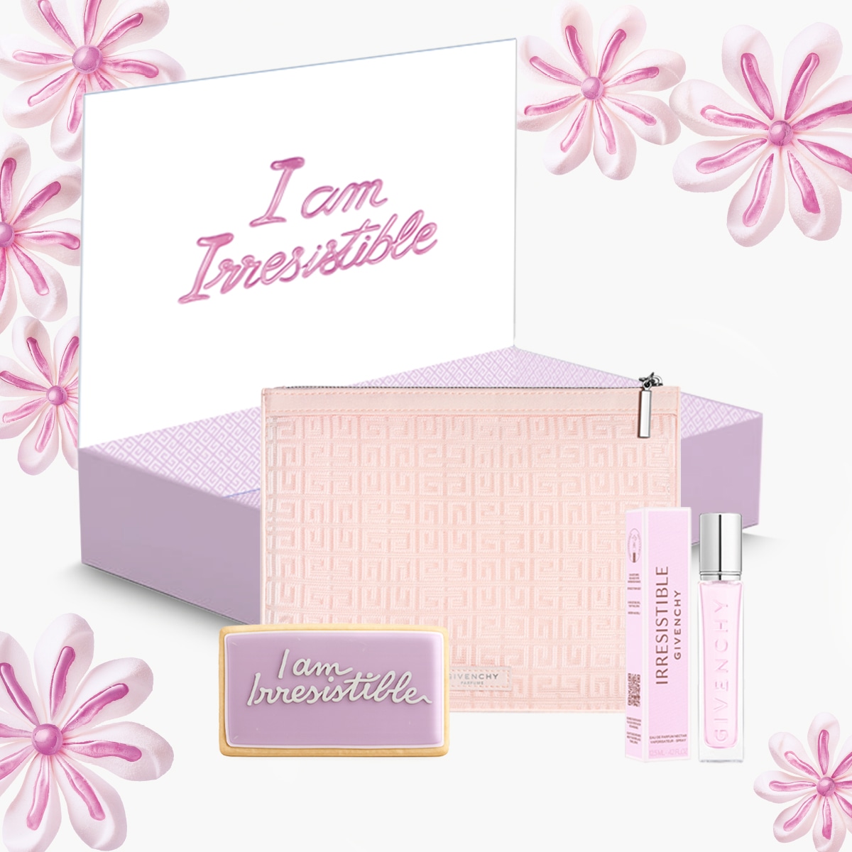 Scatola regalo Givenchy con la scritta "I am Irresistible", una pochette rosa chiaro con motivo geometrico, un profumo e un biscotto a forma di tavoletta con la stessa scritta.