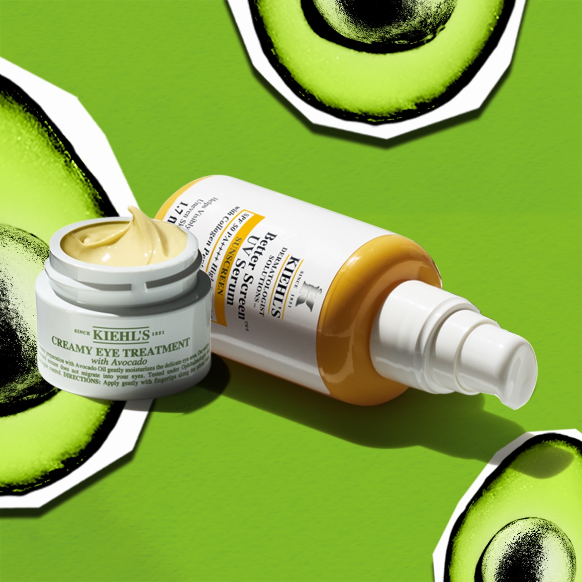 Su sfondo verde con avocado, il siero UV Better Screen SPF 50 PA++++ di Kiehl's protegge e uniforma, mentre il trattamento occhi cremoso all'avocado idrata delicatamente.