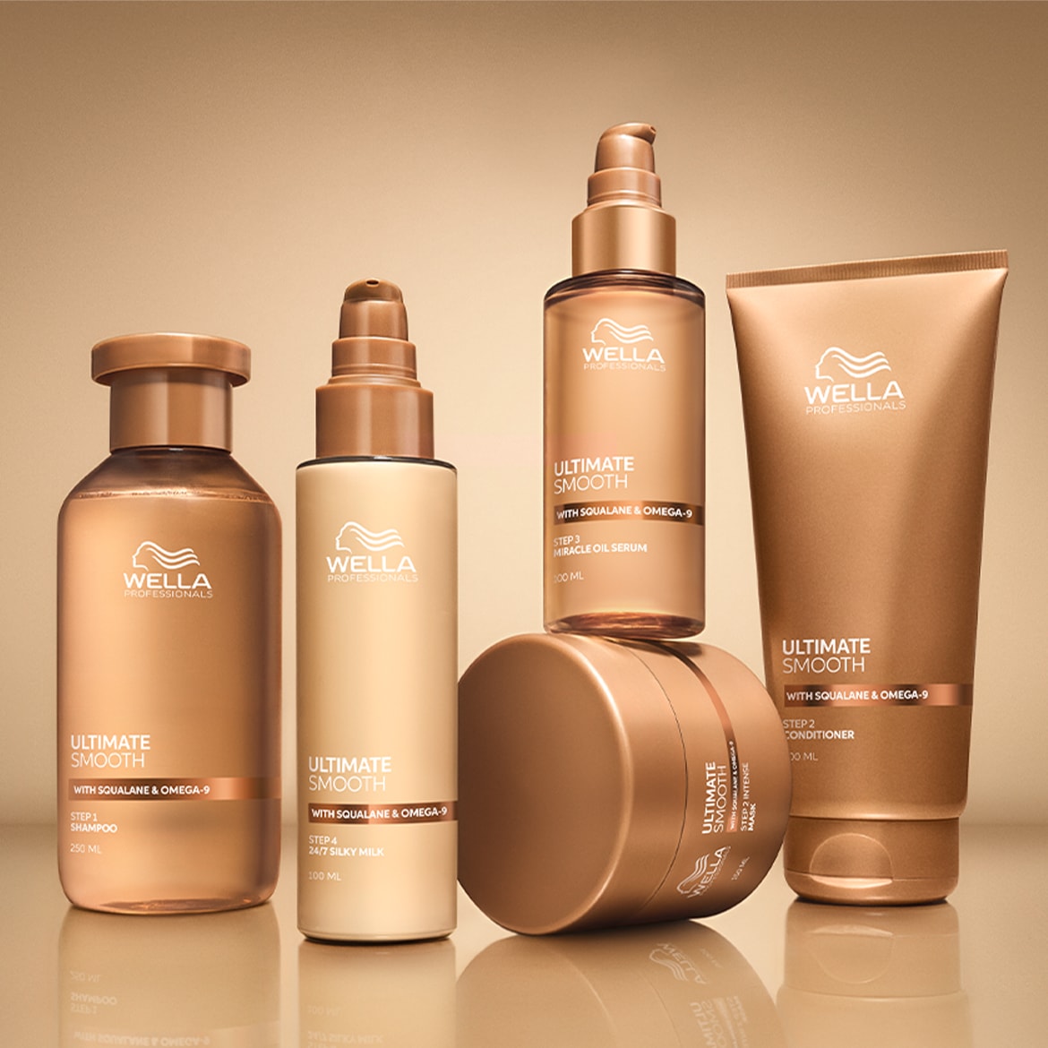 Scopri la linea Ultimate Smooth di Wella Professionals: shampoo, balsamo, siero e maschera per capelli lisci e setosi, arricchiti con squalano e omega-9.