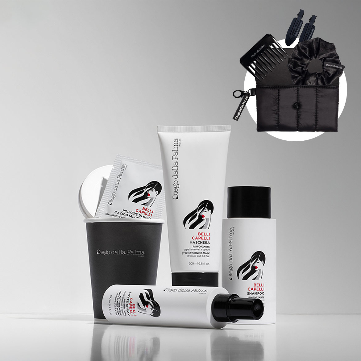 Scopri la linea Diego dalla Palma per la cura dei capelli: shampoo, maschera rinforzante, spray al latte e polvere di riso, per capelli sani e luminosi.