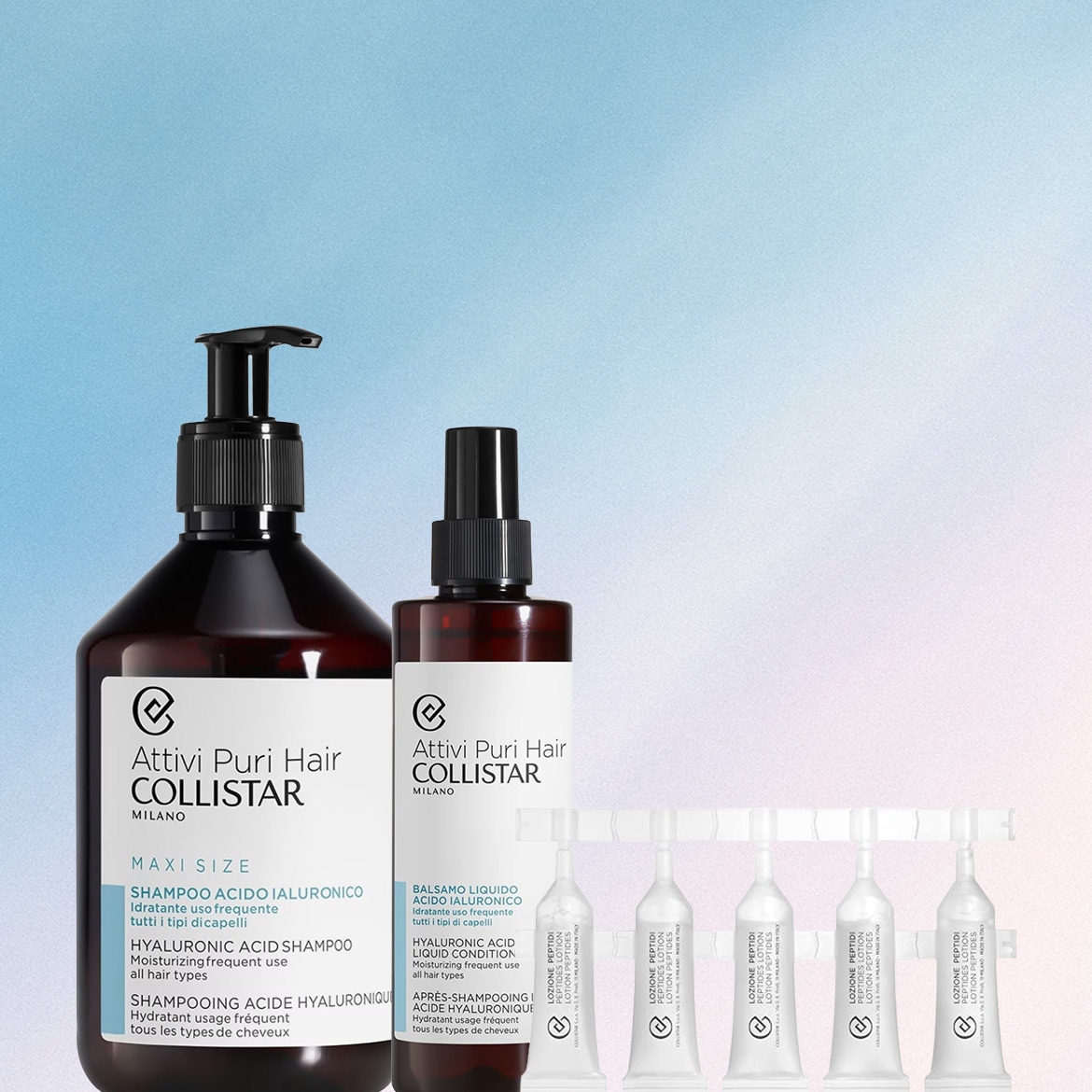 La linea Attivi Puri Hair Collistar presenta uno shampoo idratante all'acido ialuronico in formato maxi da 400 ml, un balsamo liquido da 200 ml e cinque fiale di lozione ai peptidi, tutti con confezione marrone scuro e etichette bianche.