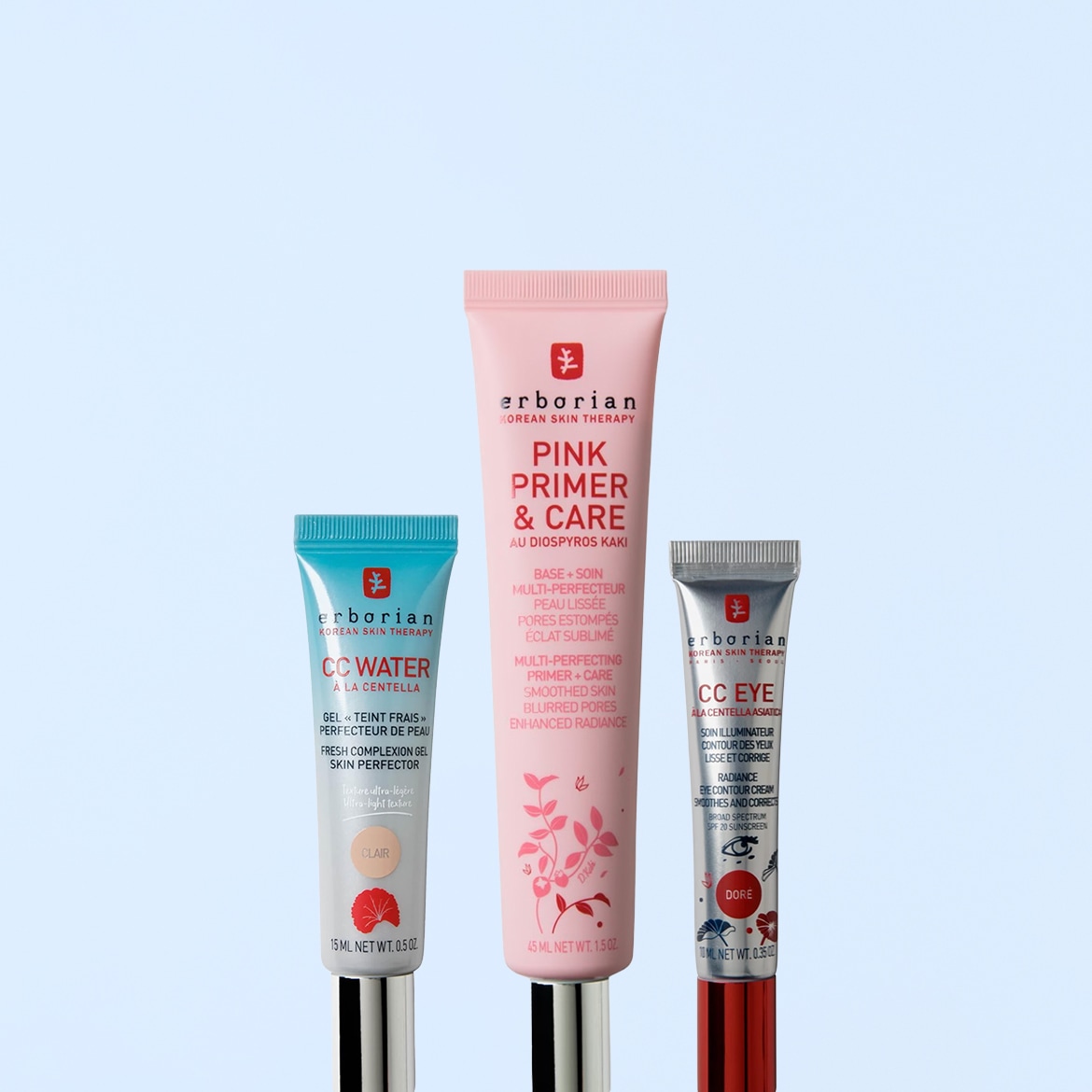 Tre prodotti Erborian per la cura della pelle: CC Water à la Centella, Pink Primer & Care e CC Eye à la Centella Asiatica.