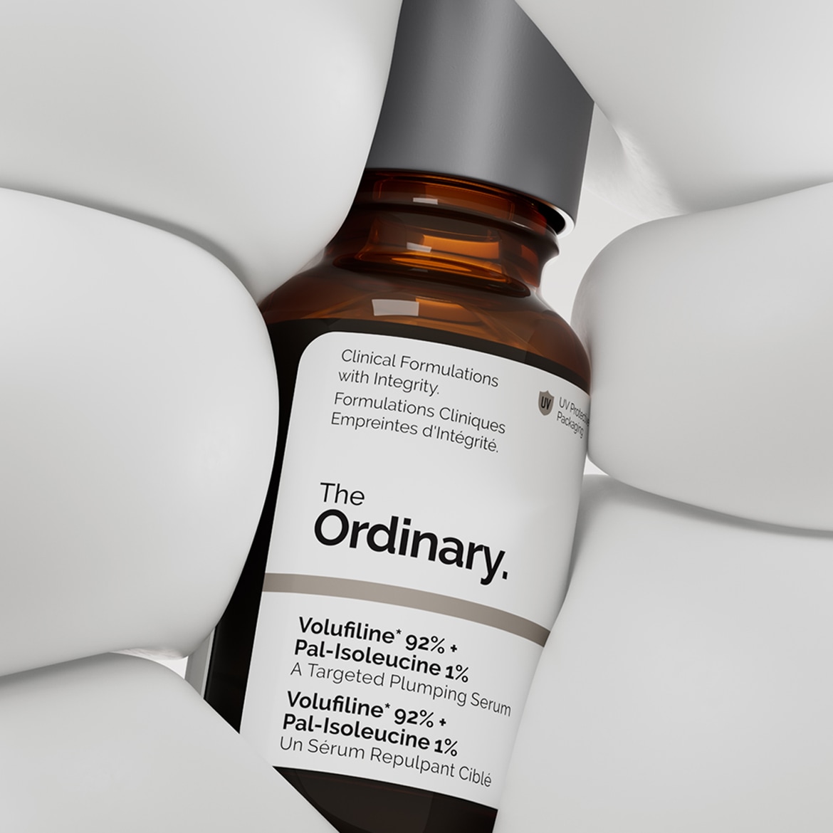 Ecco The Ordinary Volufiline 92% + Pal-Isoleucina 1%, un siero mirato in una confezione di vetro ambrata con etichetta bianca, ideale per chi cerca formulazioni cliniche efficaci.