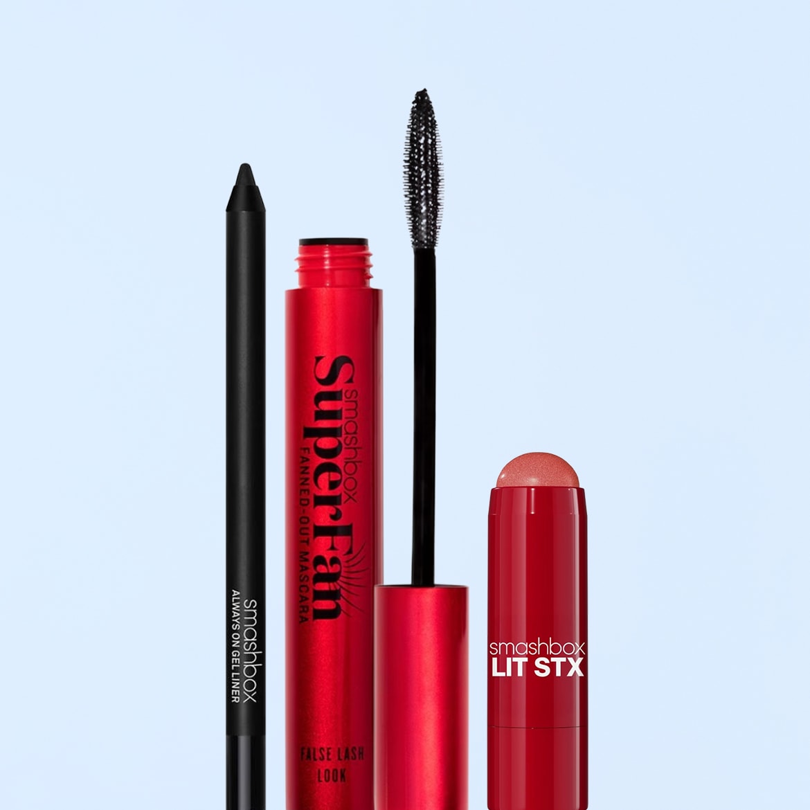 Scopri il set Smashbox con eyeliner gel nero, mascara Super Fan rosso per ciglia finte e illuminante Lit Stx rosso per un look completo.