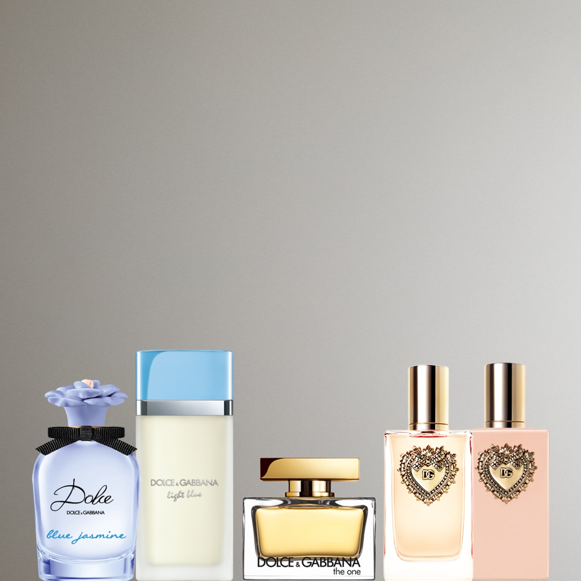 Scopri la collezione di profumi Dolce&Gabbana: Dolce Blue Jasmine con fiore lilla, Light Blue in flacone squadrato e The One con tappo dorato.
