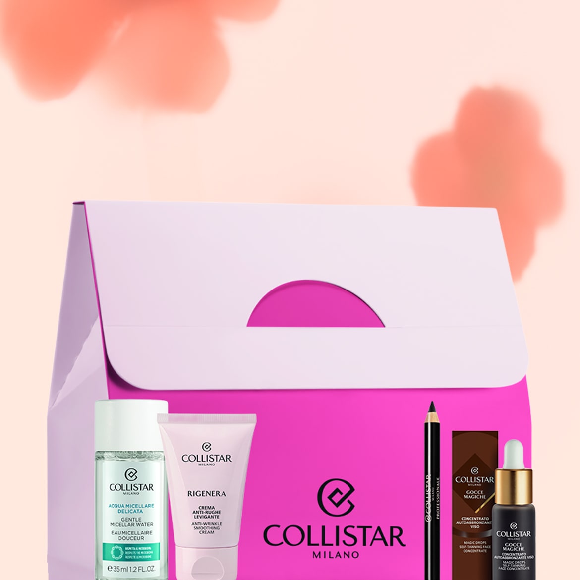Scopri il set Collistar Milano, con acqua micellare delicata, crema anti-rughe Rigenra, matita professionale, gocce magiche autoabbronzanti viso, tutto in un'elegante confezione.