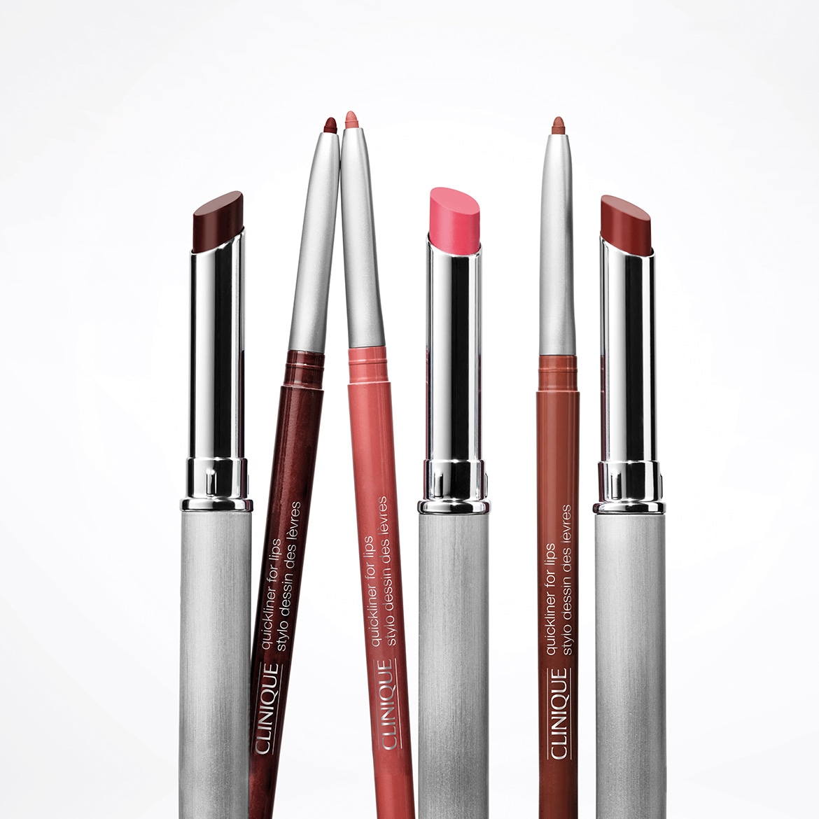 Ecco una gamma di Quickliner for Lips di Clinique, disponibili in diverse tonalità di marrone e rosa, perfette per definire e valorizzare le tue labbra con precisione.