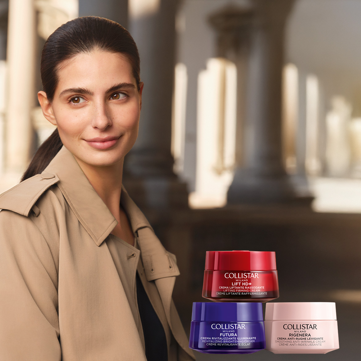 Una donna con un trench beige accanto a tre barattoli di crema Collistar: Lift HD+ in rosso, Futura in blu e Rigenera in rosa.
