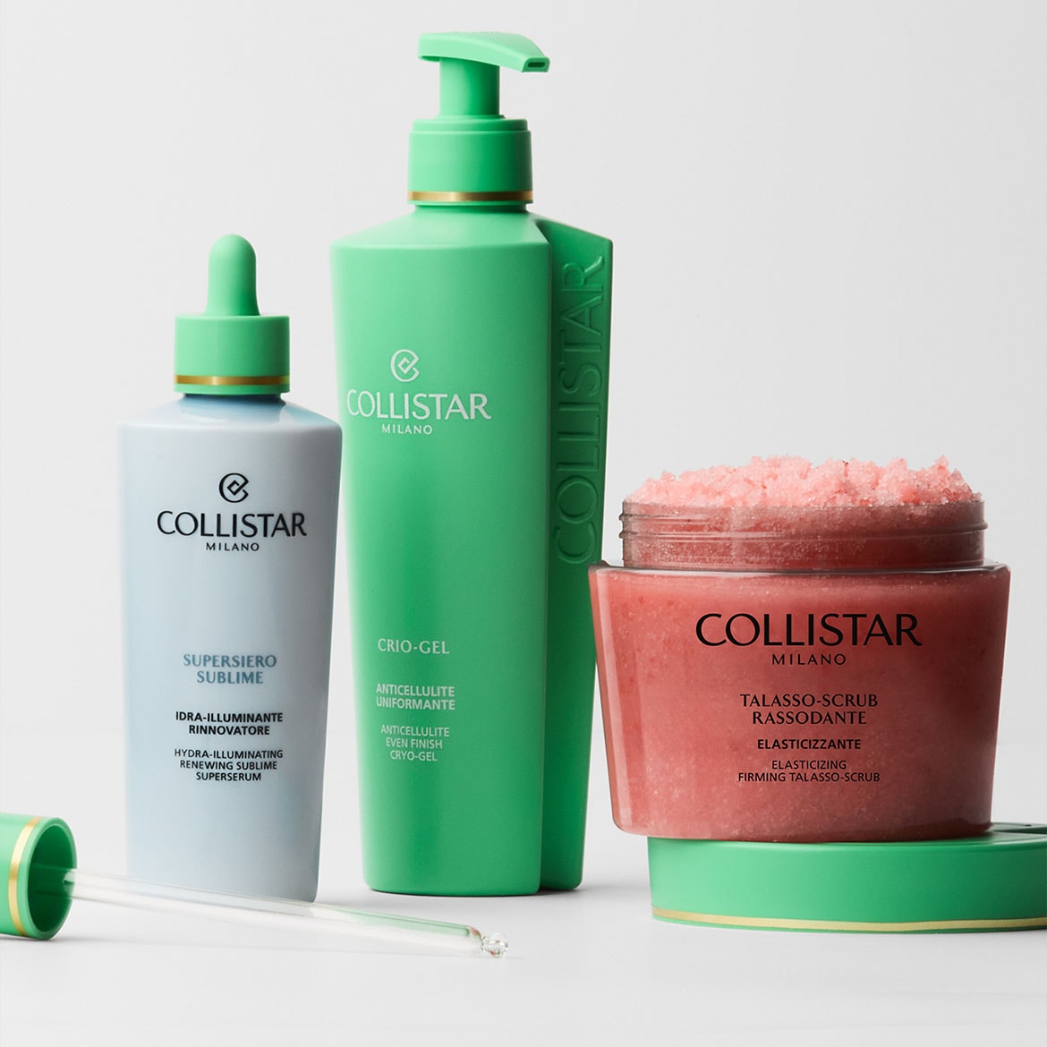 Scopri Collistar Milano: Supersiero Sublime in flacone azzurro con contagocce, Crio-Gel verde per un'azione anticellulite uniforme e Talasso-Scrub rassodante in un vasetto rosa.