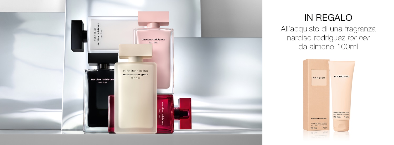 Una collezione di profumi Narciso Rodriguez "for her" in flaconi squadrati neri, bianchi, rosa e rossi.