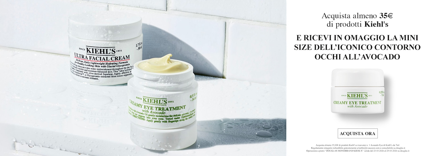 Ecco due prodotti di bellezza Kiehl's: Ultra Facial Cream, una crema idratante leggera, e Creamy Eye Treatment with Avocado, un trattamento occhi delicato.