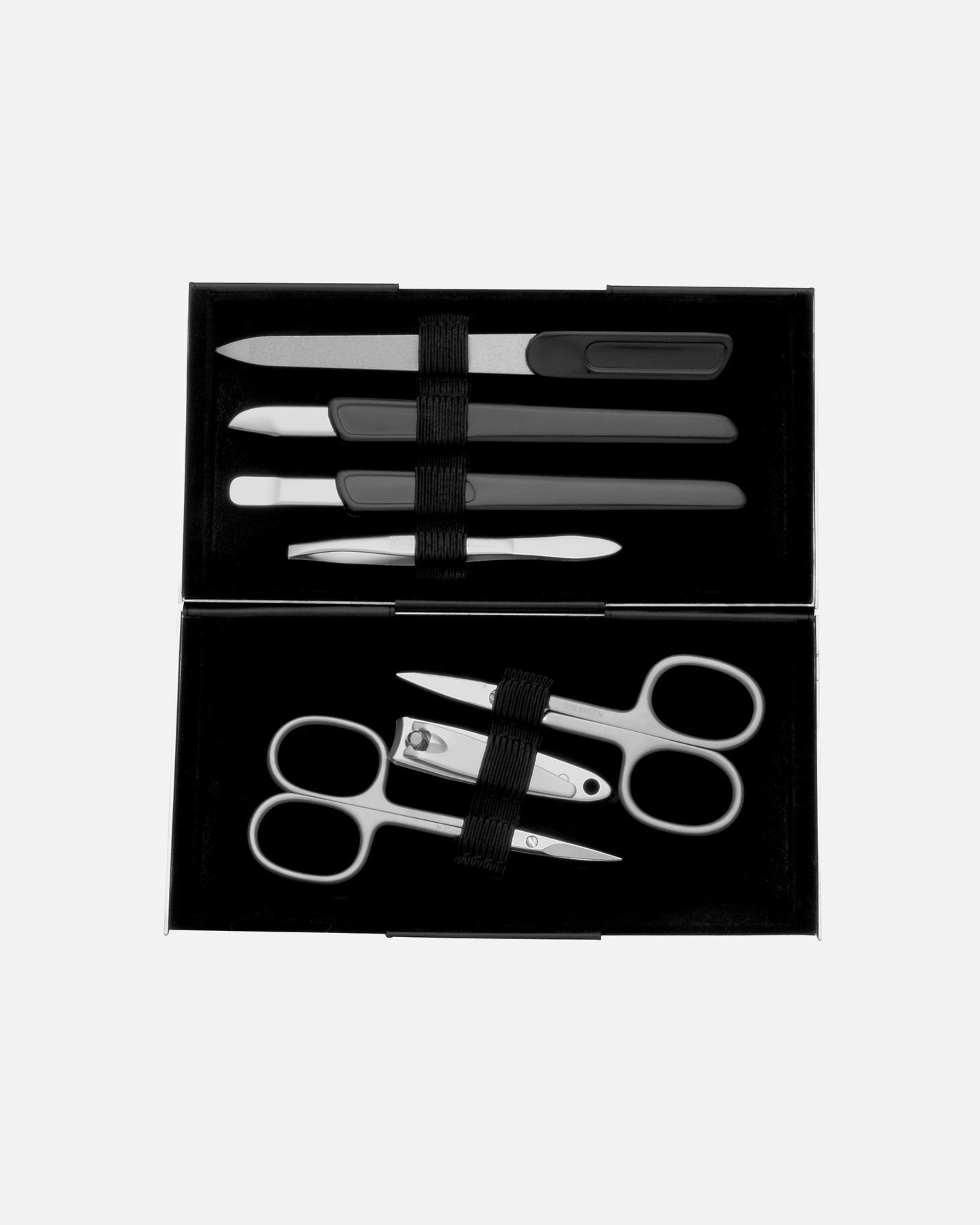 Astuccio di Unisex ERBE "Magic Box" Manicure Case, silver mat, 7 pcs. 1 pz