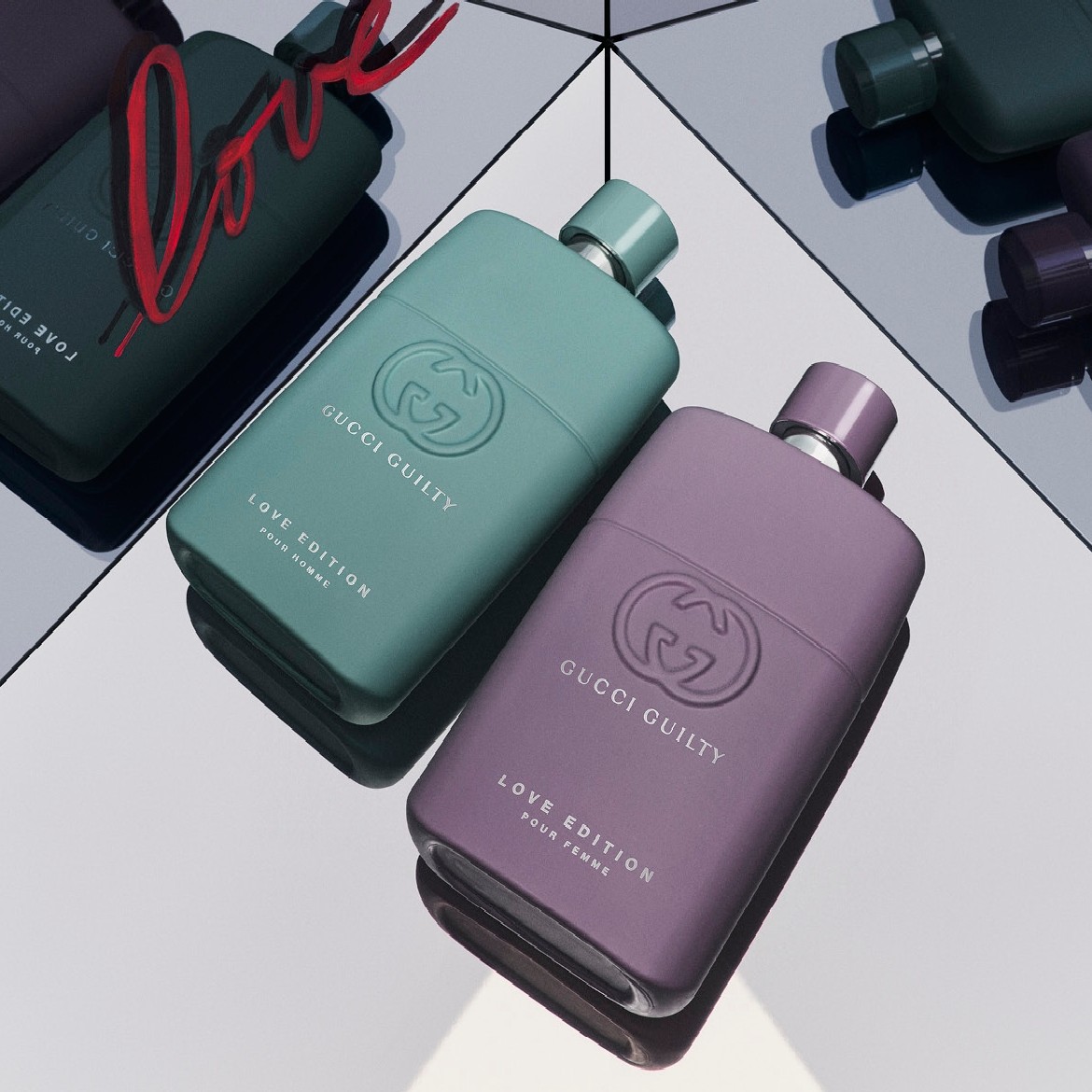 Scopri Gucci Guilty Love Edition: il profumo maschile verde acqua e quello femminile color lavanda, un'ode all'amore moderno.