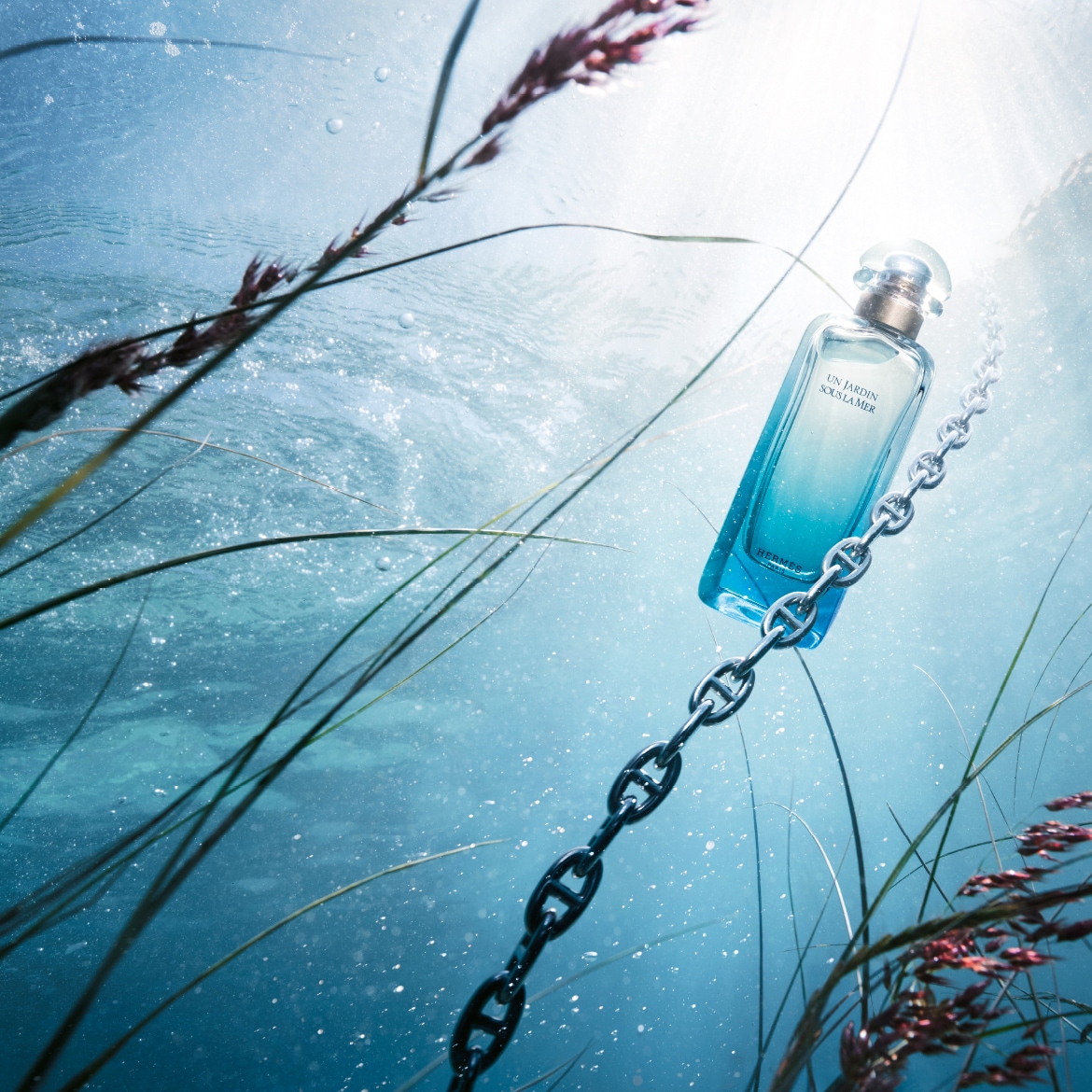 Immagina di immergerti nell'essenza marina con il profumo "Un Jardin Sous La Mer" di Hermès, sospeso tra le onde cristalline e avvolto da una catena argentata.