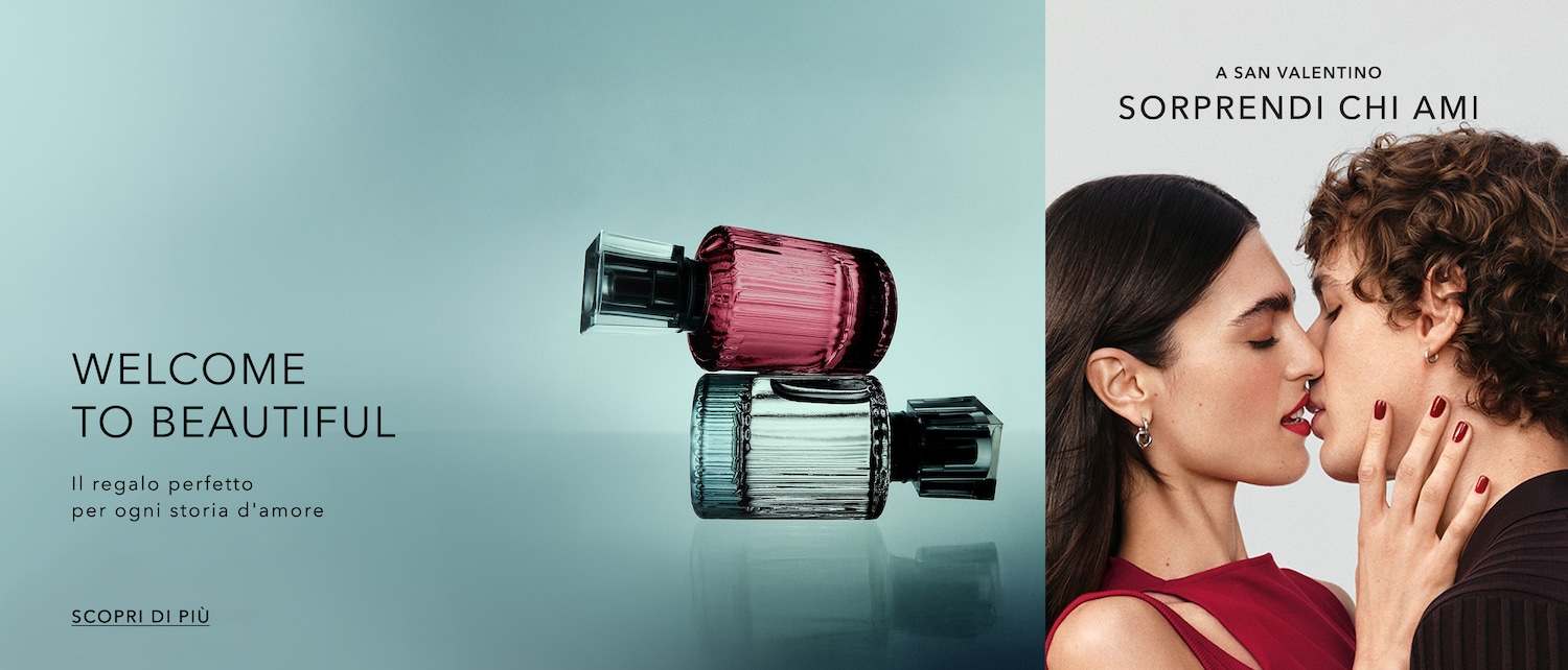 Festeggia l'amore con due flaconi di profumo impilati, uno rosa e uno trasparente, simbolo di un regalo perfetto per ogni storia d'amore; scopri di più.