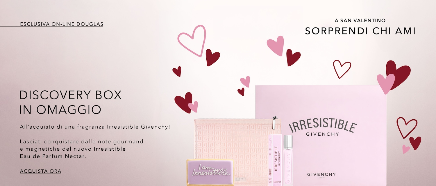 Sorprendi chi ami a San Valentino con la Discovery Box in omaggio acquistando una fragranza Irresistible Givenchy, lasciandoti conquistare dalle note gourmand del nuovo Eau de Parfum Nectar. Acquista ora!