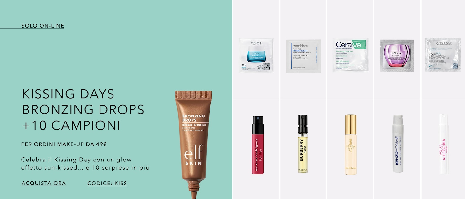 Festeggia i Kissing Days con un tocco di sole grazie alle Bronzing Drops di Elf Skin e ricevi 10 sorprese extra con il tuo ordine make-up superiore a 49€! Usa il codice KISS per uno shopping scintillante.