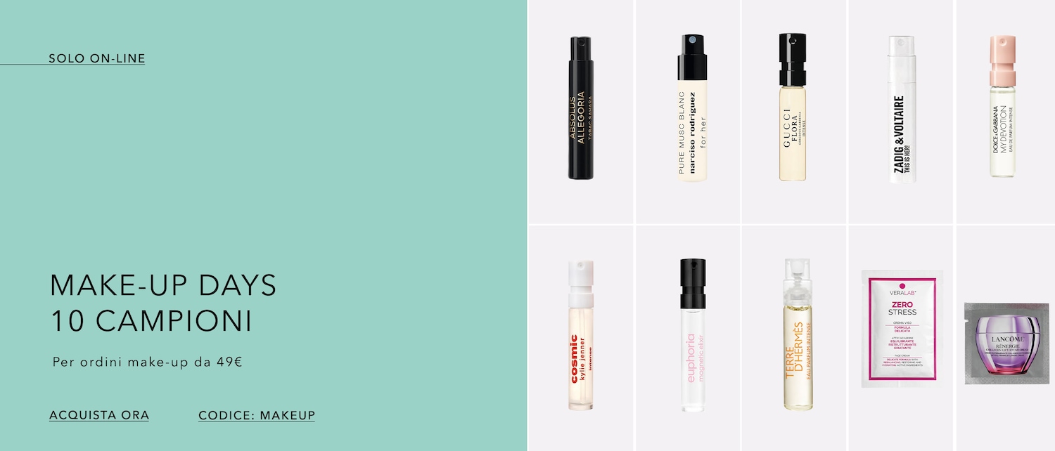 Giornate di make-up con 10 campioni in omaggio per ordini superiori a 49€, approfitta subito di questa offerta esclusiva online!