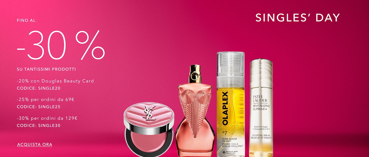 Approfitta dello sconto fino al 30% per il Singles' Day su tantissimi prodotti di bellezza, tra cui cosmetici e profumi di lusso, inserendo i codici promozionali dedicati al momento del checkout e acquista ora.