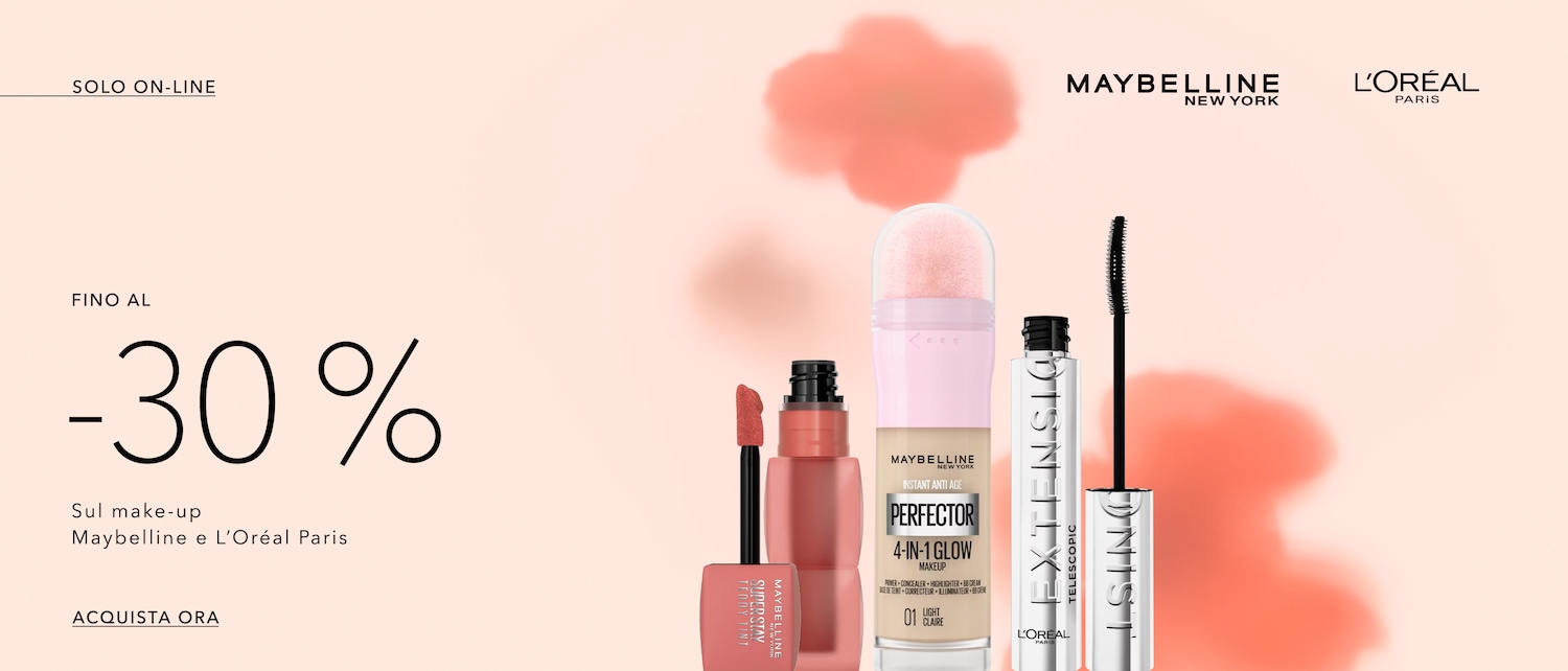 Discover Maybelline and L'Oréal Paris make-up with up to 30% off, available online only, featuring Super Stay Teddy Tint, Instant Anti Age Perfector 4-in-1 Glow, and Telescopic mascara. Shop now!