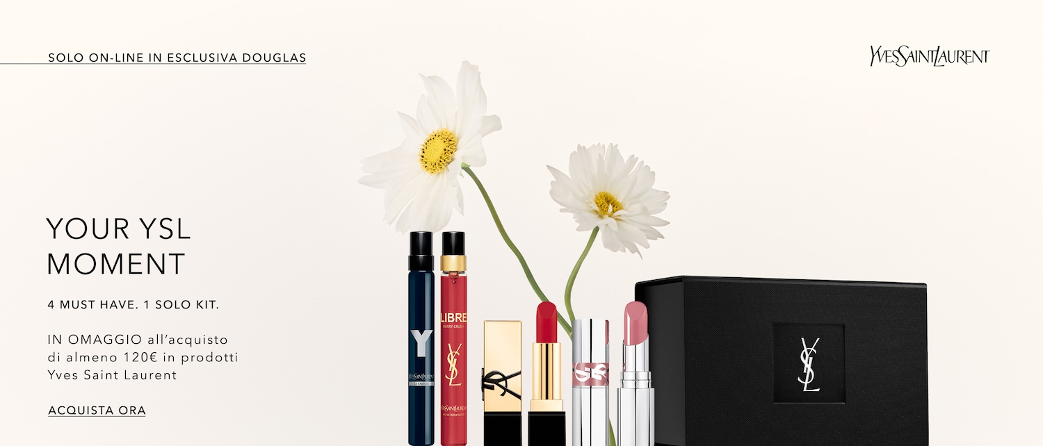 Scopri il tuo momento YSL: 4 must-have in 1 solo kit, con due profumi in flaconi blu e rosso, due rossetti nei toni del rosso e del rosa, e un elegante cofanetto nero firmato Yves Saint Laurent.