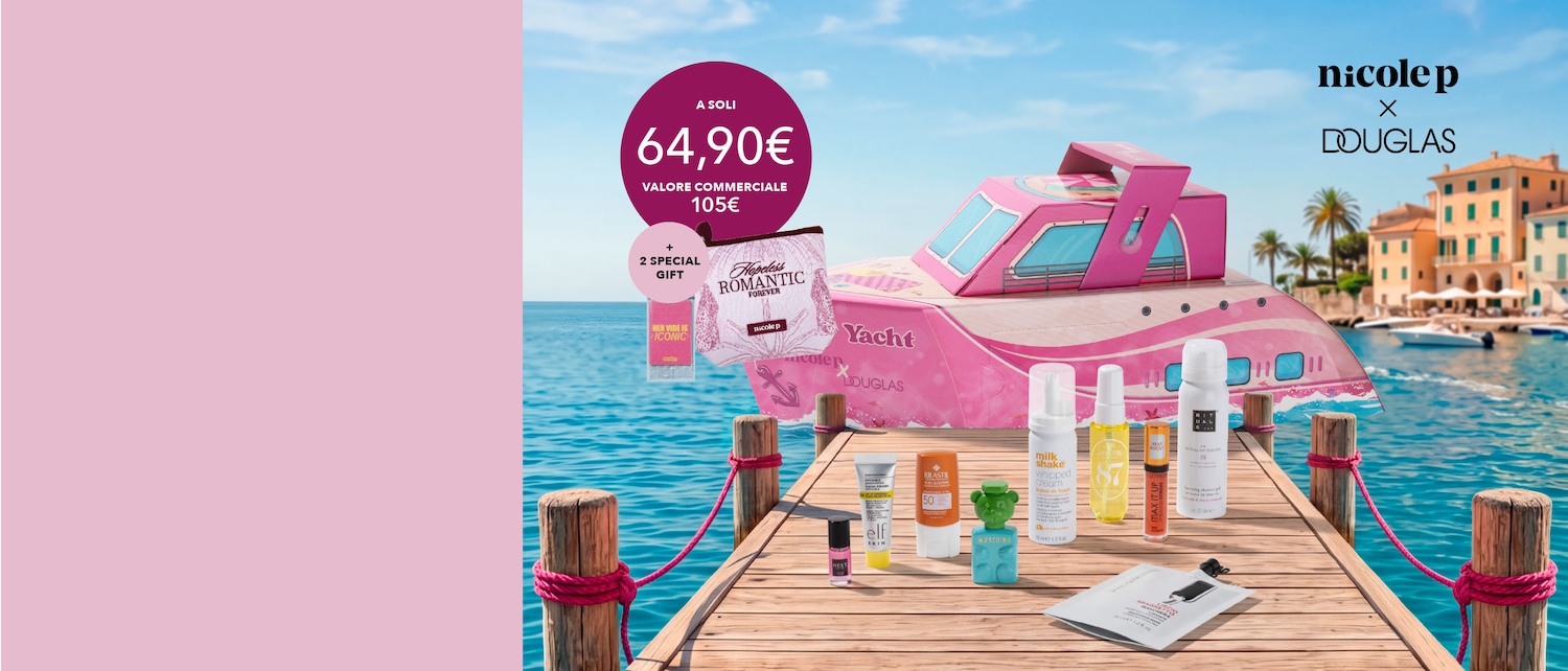 Scopri il set Nicole p x Douglas a soli 64,90€, valore commerciale 105€, include 2 special gift, confezionato in un packaging a forma di yacht rosa, non perdere questa offerta!