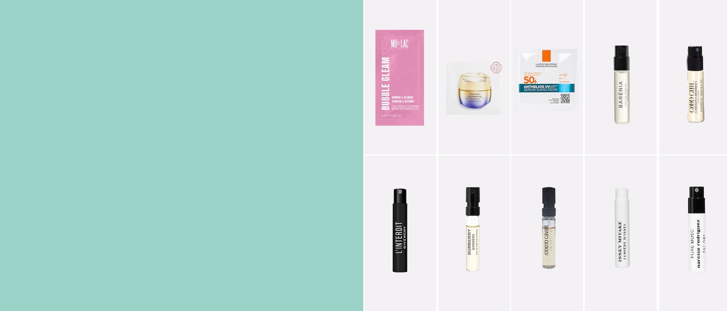 Scopri un assortimento di campioni di profumi e prodotti per la cura della pelle, tra cui MU-LAC Bubble Gleam, Shiseido Vital Perfection e La Roche-Posay Anthelios UVAIR.