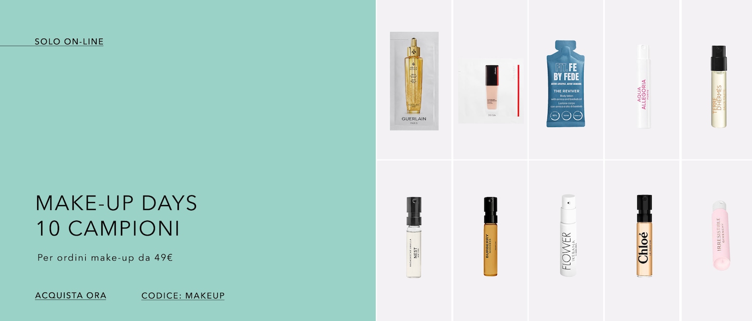 Scopri i Make-Up Days con 10 campioni esclusivi per ordini superiori a 49€, con marchi come Guerlain, Shiseido, e Burberry.