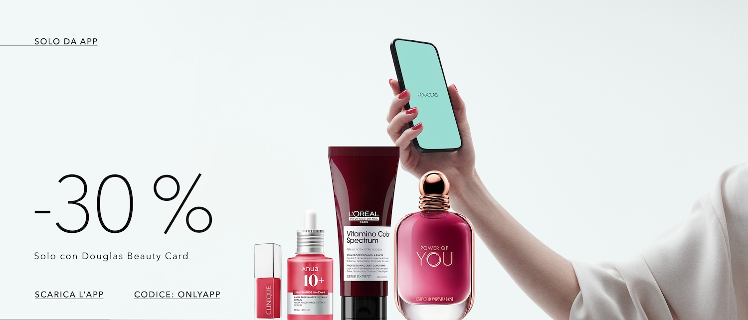 Offerta esclusiva sull'app Douglas: scopri uno sconto del 30% con la Douglas Beauty Card su una selezione di prodotti di bellezza.