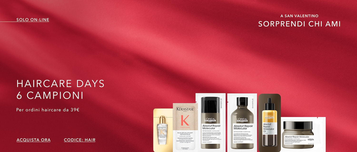 Festeggia San Valentino con Haircare Days: 6 campioni per ordini superiori a 39€, con prodotti Kérastase e L'Oréal, tra cui shampoo e maschere della linea Absolut Repair Molecular.