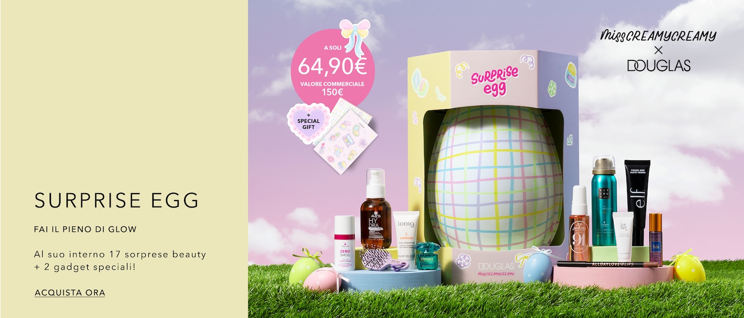 Ecco l'uovo a sorpresa di MissCreamyCreamy x Douglas, pieno di 17 sorprese beauty e 2 gadget speciali a soli 64,90€! Acquista ora per un pieno di glow.