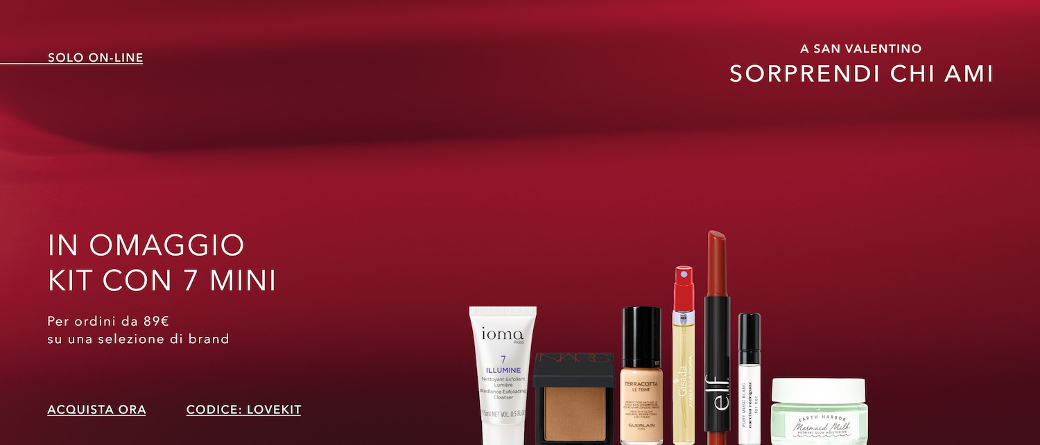 Festeggia San Valentino con un kit di 7 mini prodotti in omaggio per ordini superiori a 89€, applica il codice LOVEKIT e sorprendi chi ami.