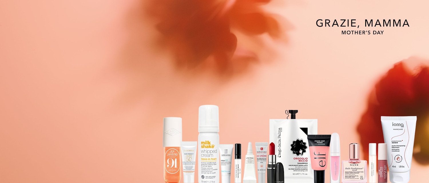 Festeggia la Festa della Mamma con una selezione di prodotti di bellezza: creme solari, shampoo e trattamenti per capelli.