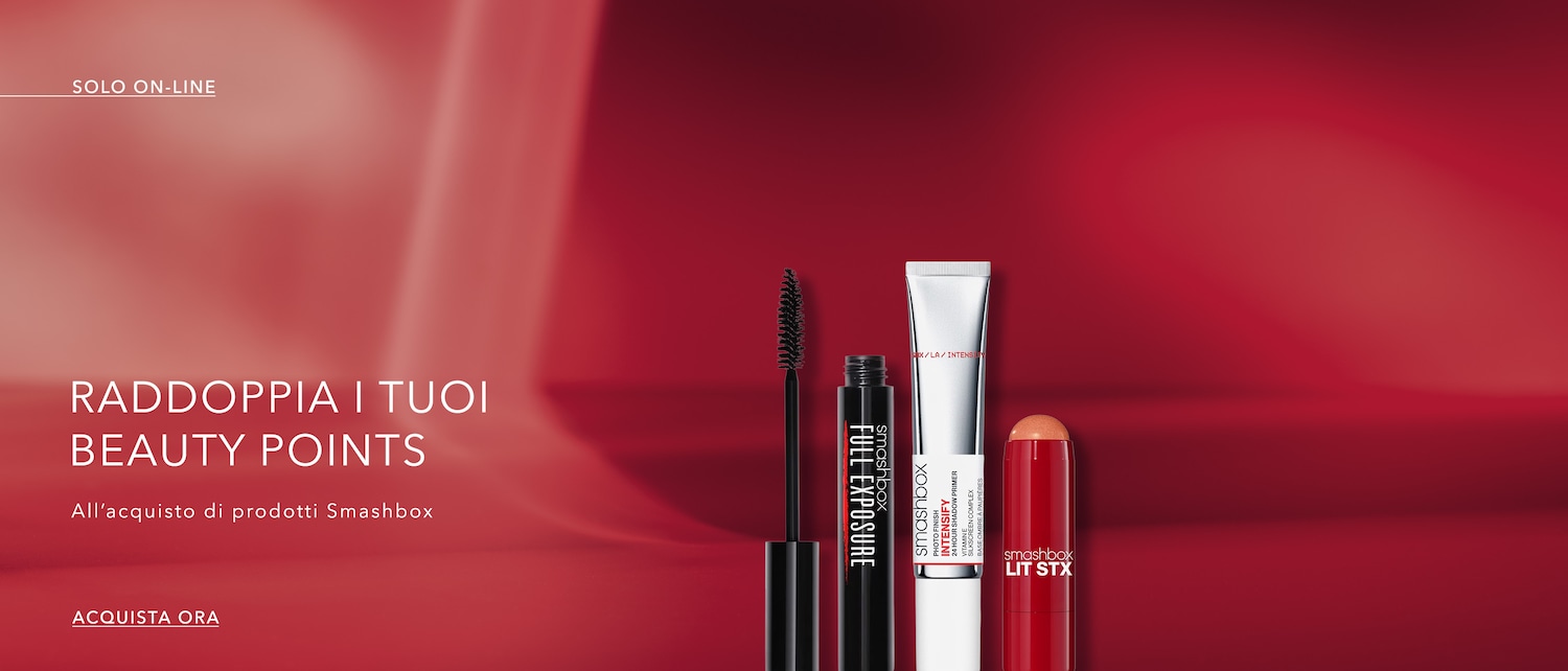 Raddoppia i tuoi beauty points con l'acquisto di prodotti Smashbox, mascara nero Full Exposure, primer Intensify e Lit Stx color corallo, solo online, acquista ora!