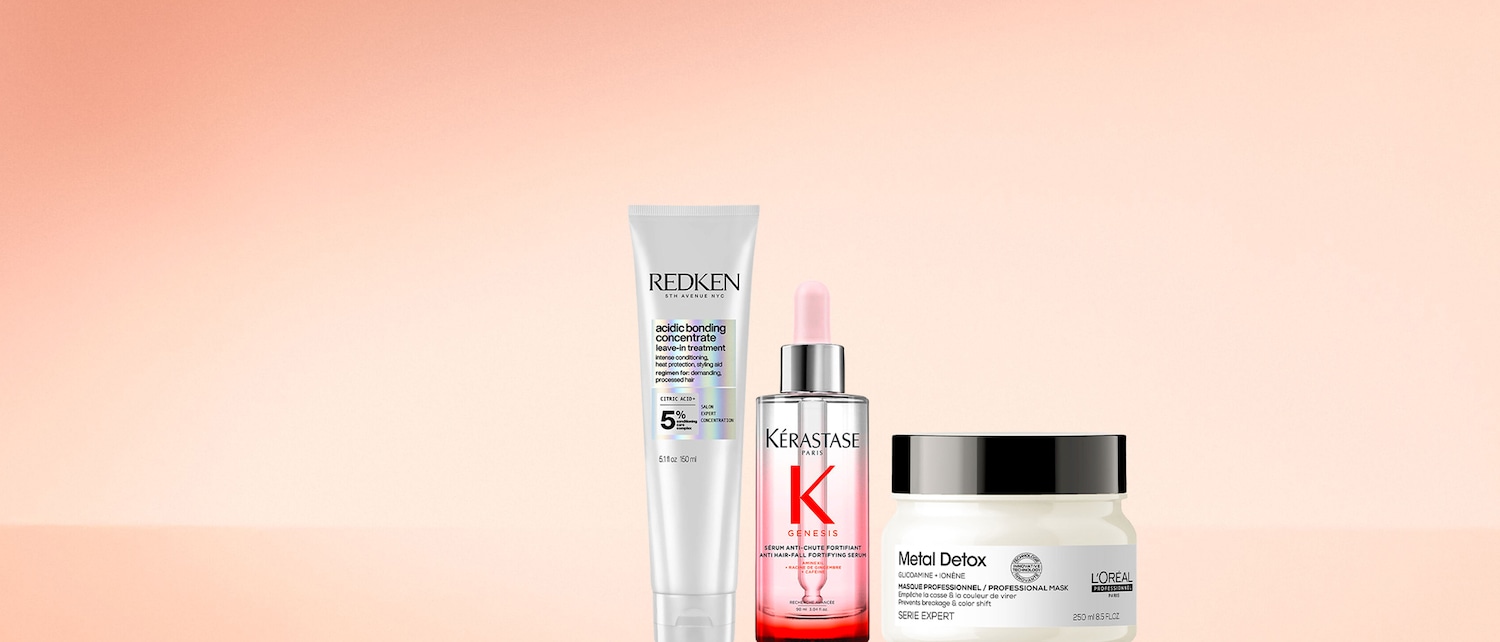 Ecco tre prodotti per la cura dei capelli: Redken Acidic Bonding Concentrate, Kérastase Genesis Serum e L'Oréal Metal Detox Masque, ideali per nutrire e proteggere i tuoi capelli.