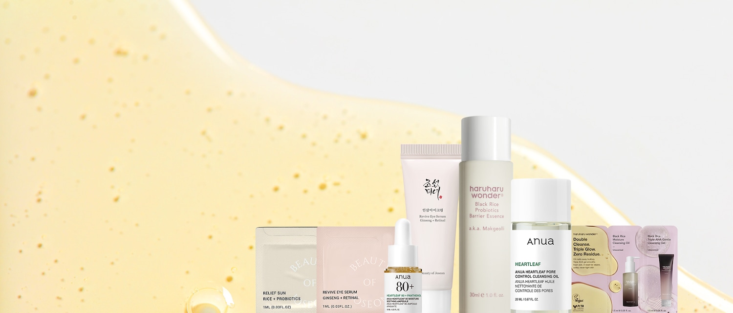 Una varietà di prodotti per la cura della pelle, tra cui sieri, essenze e oli detergenti di marchi come Beauty of Joseon, Haruharu Wonder e Anua, offrono una gamma completa di soluzioni per la cura della pelle.