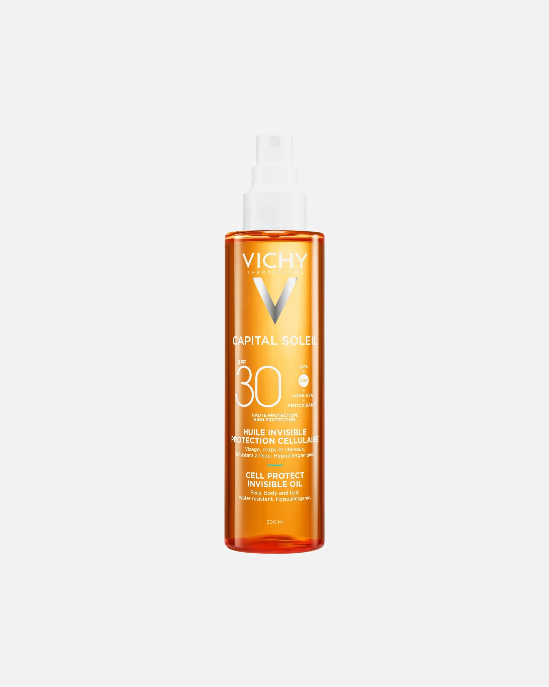 Crema solare di Unisex VICHY Capital Soleil Cell Protect Olio Invisibile viso, corpo e capelli Protezione elevata SPF30 200 ml