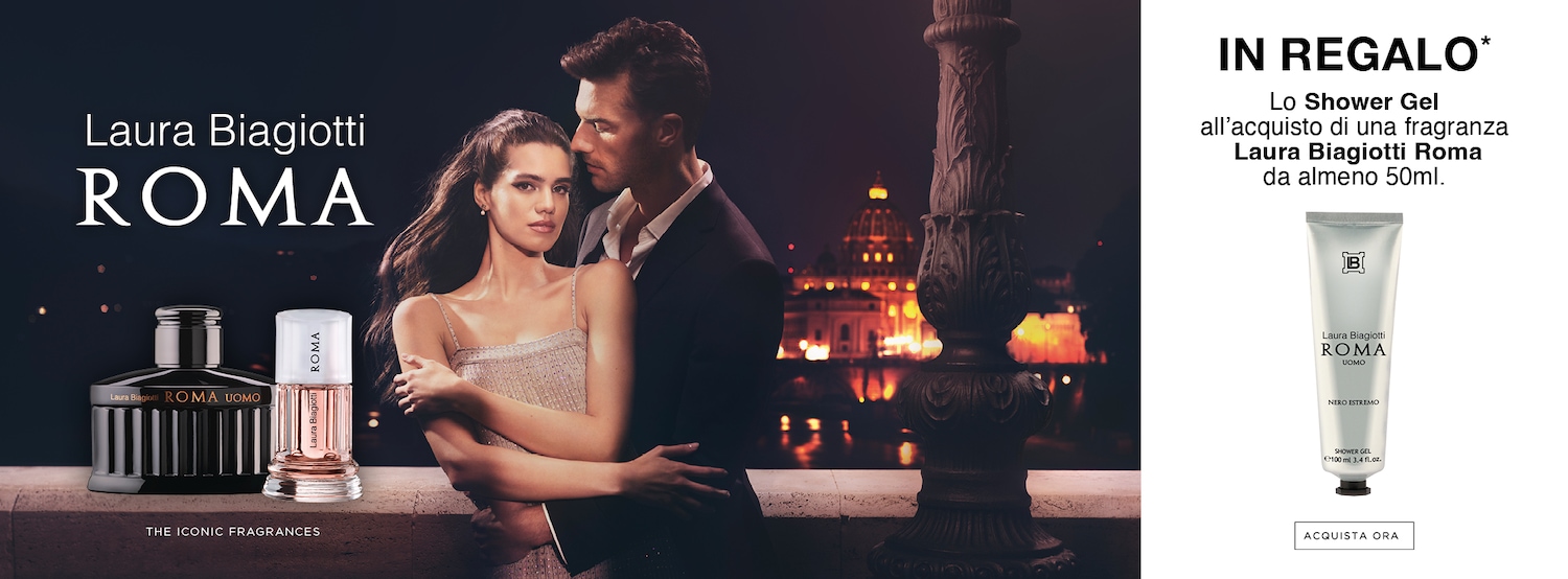 Laura Biagiotti Roma: the iconic fragrances for him and her, captured in elegant bottles, with a backdrop of a couple embracing against the Roman skyline.